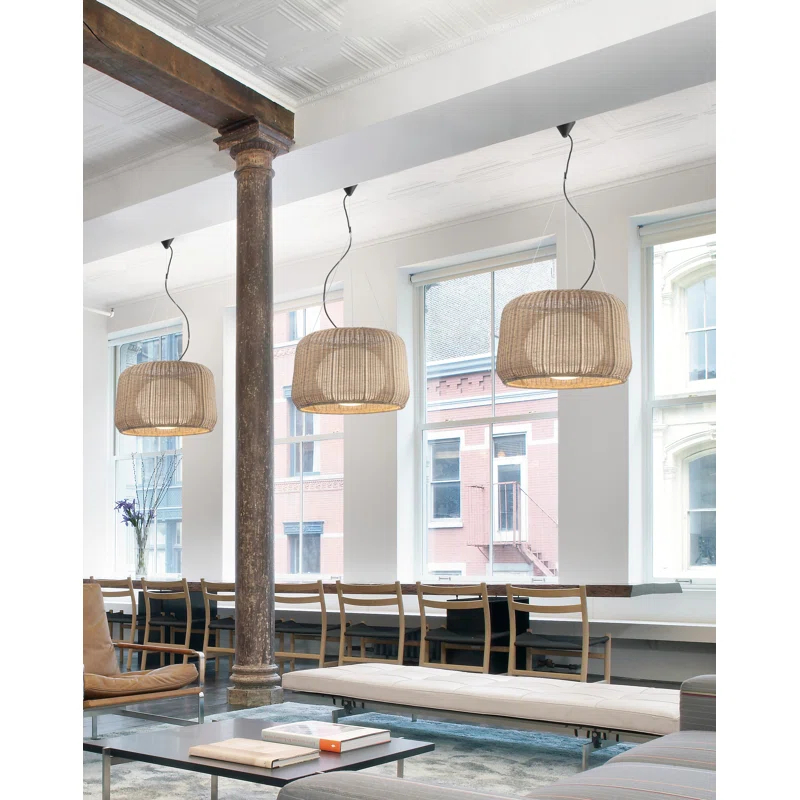 Graphite Brown LED Indoor/Outdoor Drum Pendant Light with Rattan Shade