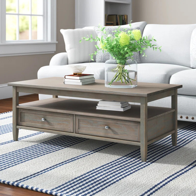 Simpli Home Warm Shaker 48"W Solid Wood Coffee Table with Two Storage Drawers and Open Shelf