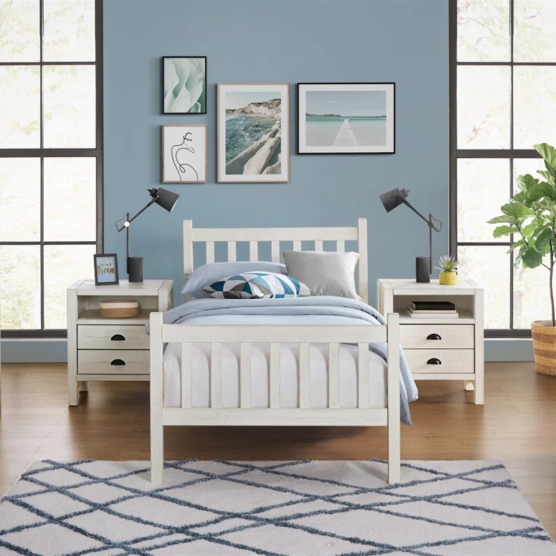 Windsor Wood Farmhouse Industrial Bohemian Style 3 Pc Bedroom Set With Slat Twin Bed 2 Nightstands
