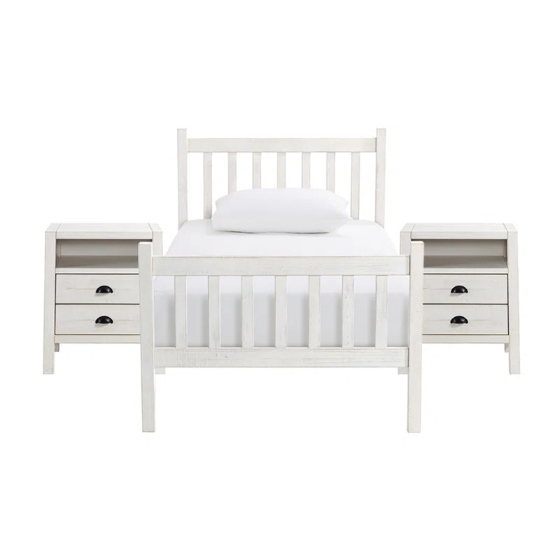 Windsor Wood Farmhouse Industrial Bohemian Style 3 Pc Bedroom Set With Slat Twin Bed 2 Nightstands