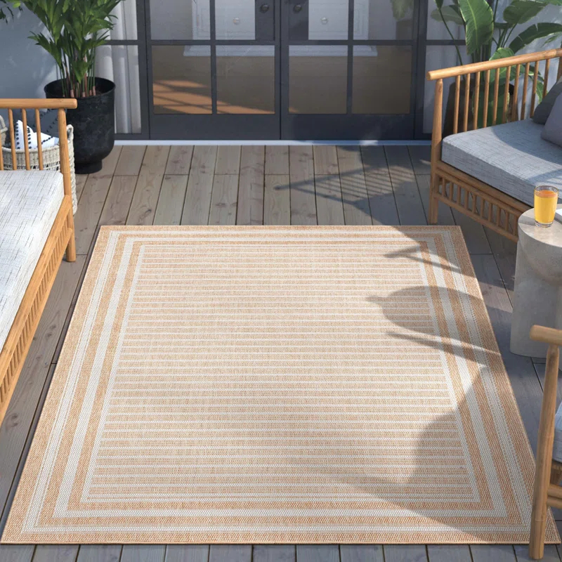 Ebern Designs Fallon Frankie Stripes Beige Hi-Lo Indoor/Outdoor Area Rug