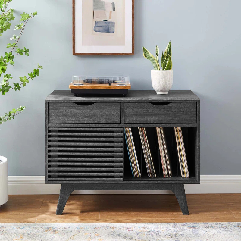Modway Modway Render Mid-Century Modern 37" Vinyl Record Display Stand with Drawers