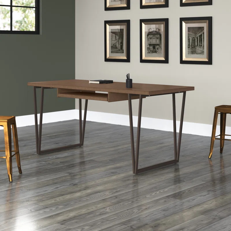 Simpli Home Ryder 66"W Solid Wood Desk, Industrial Contemporary Style with Keyboard Tray and V-Design Metal Base