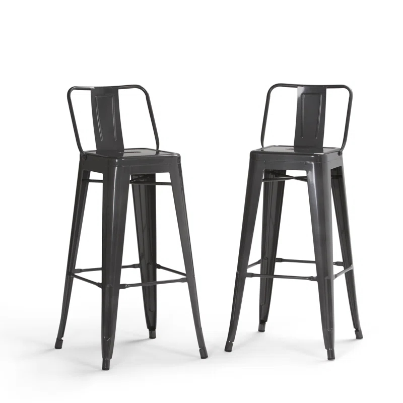 Simpli Home Rayne Metal Industrial Stool with Curved Back, Cross-Brace, and Footrest