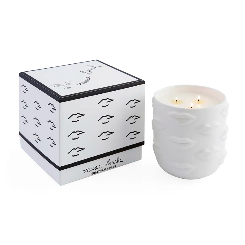 Jonathan Adler Muse Bergamot, Mandarin, Marine, Pepper, Violet, Rose, Cedarwood, Amber, Sandalwood, And Suede. Scented Designer Candle with Porcelain Holder