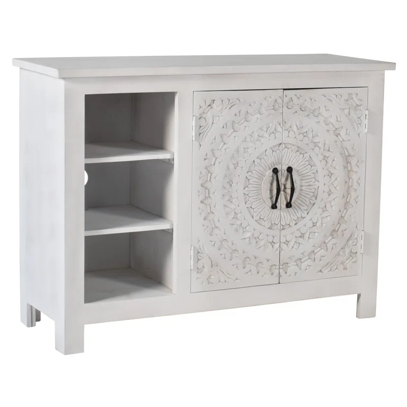 White Mango Wood TV Cabinet with Hand-Carved Doors