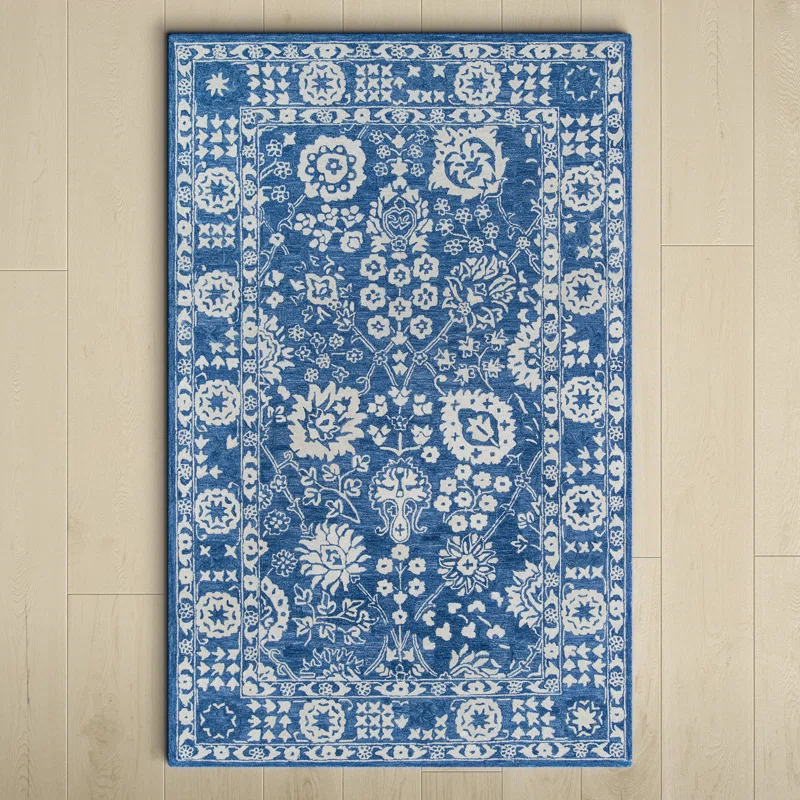 Cece Oriental Handmade Tufted Wool Blue/White Area Rug