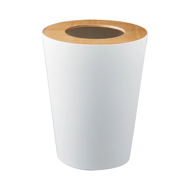 Rin Yamazaki Home Round Trash Can, 1.85 gallon Wastebasket Bathroom Kitchen Office, Steel + Wood