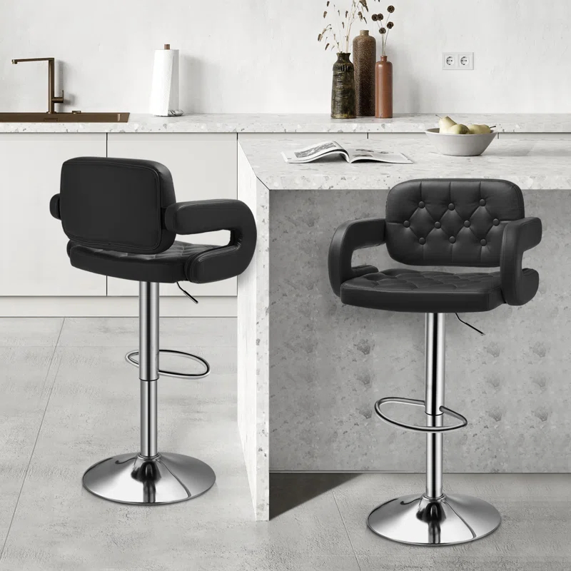 Brayden Studio® Greno Faux Leather Swivel Bar Stools, Adjustable Counter Height Barstools with Backrest and Armrest (Set of 2)