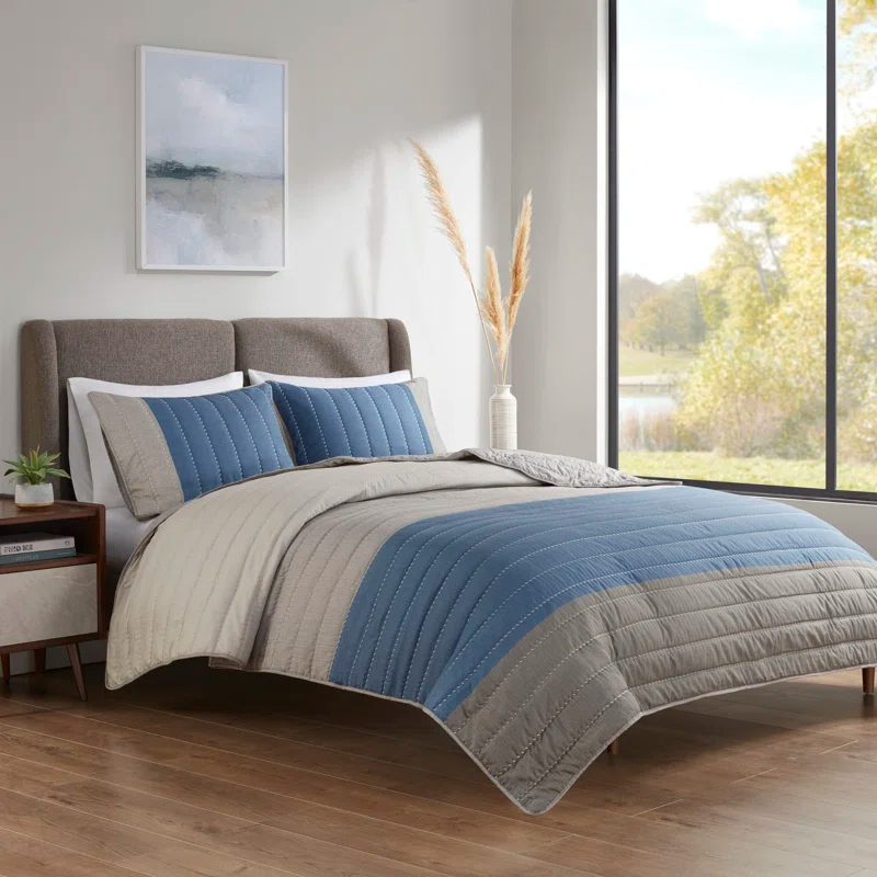 3 Piece Printed Color Blocking Quilt Set