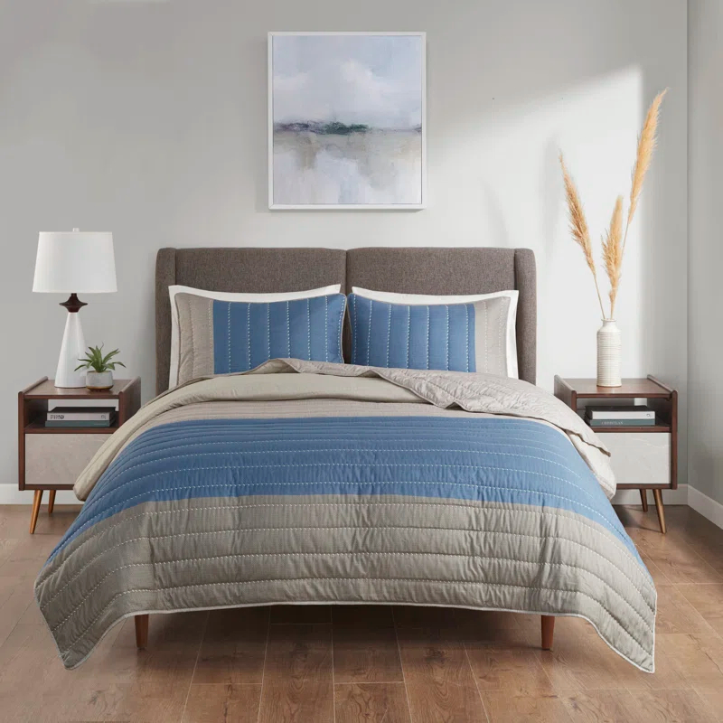 3 Piece Printed Color Blocking Quilt Set