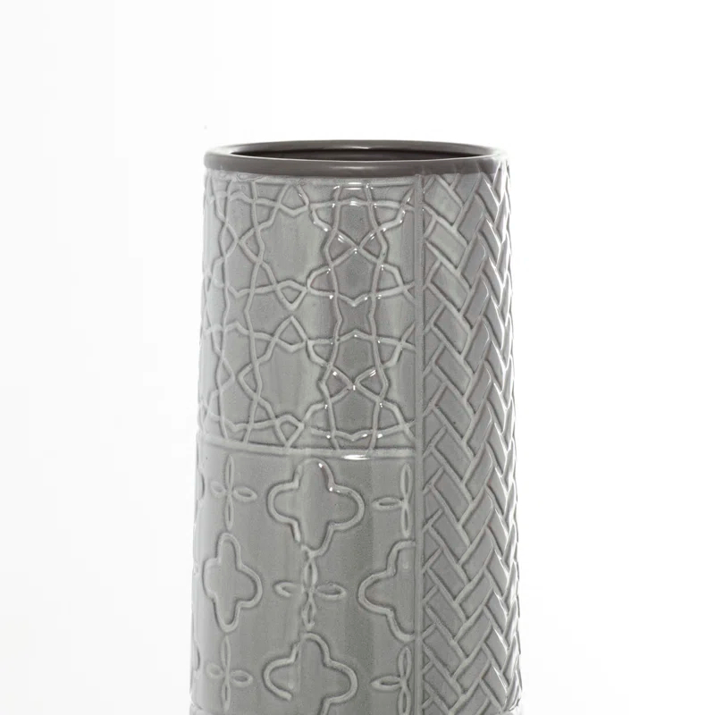 Bungalow Rose Ceramic Slim Engraved Patterned Decorative Gray Vase
