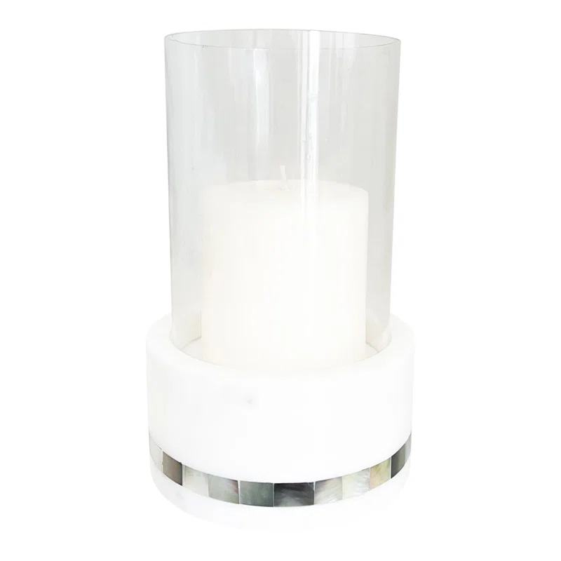 Mother Of Pearl Marble 7.63'' H Marble Tabletop Hurricane