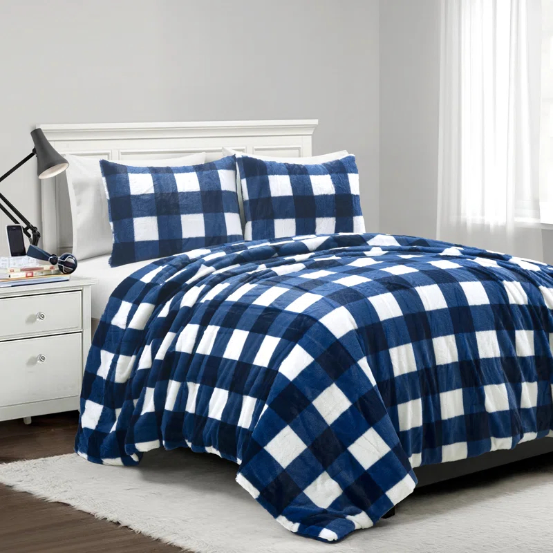 Plaid Faux Fur Microfiber 2 Piece Comforter Set (Set of 2)