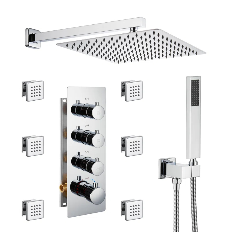 Herathena 3 Functions Wall Mounted Luxury Shower System with 6 Body Jets (Rough-in Valve Included)
