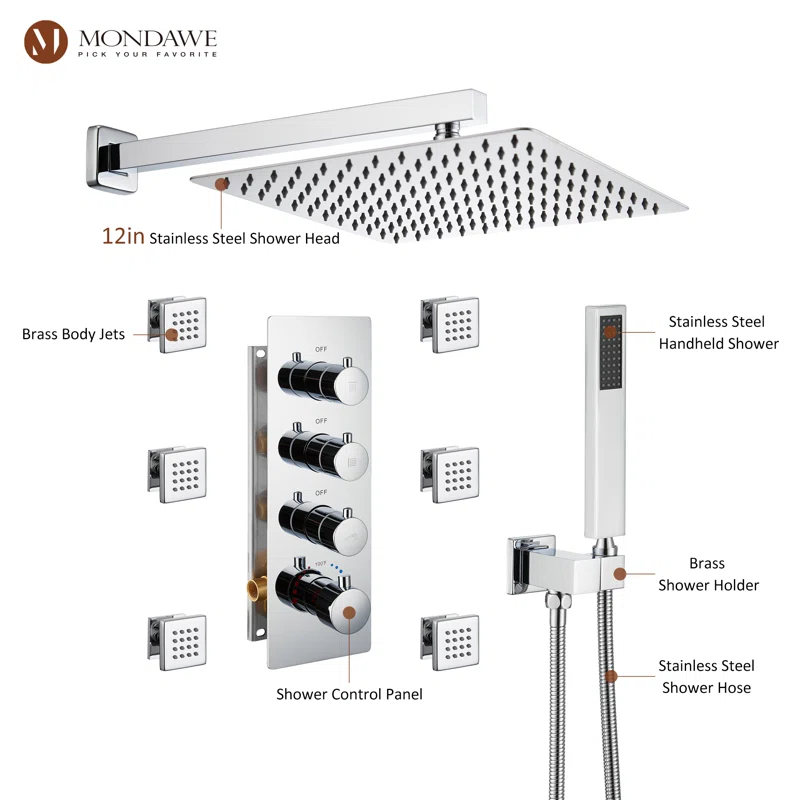 Herathena 3 Functions Wall Mounted Luxury Shower System with 6 Body Jets (Rough-in Valve Included)