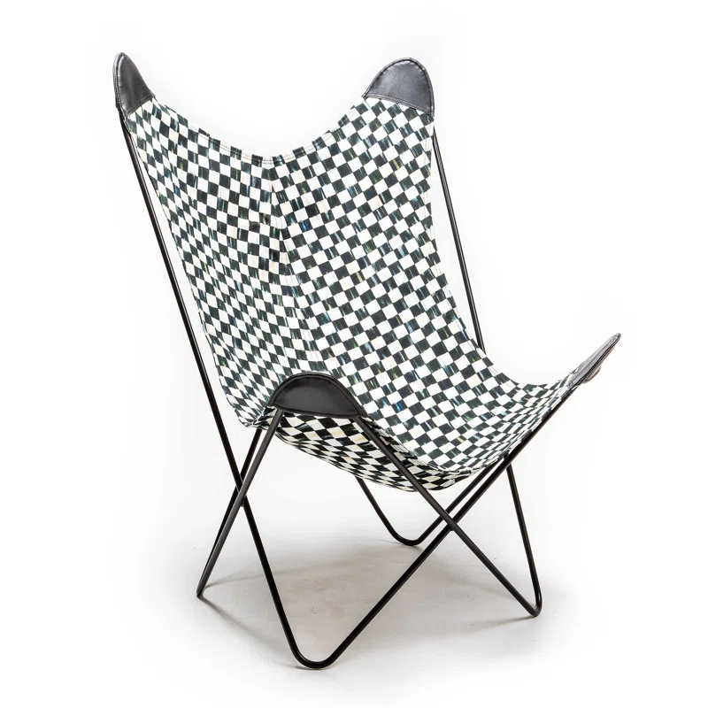 Black and White Faux Leather Butterfly Chair with Metal Frame