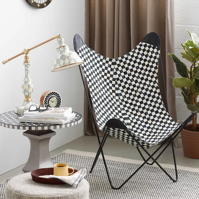 Black and White Faux Leather Butterfly Chair with Metal Frame