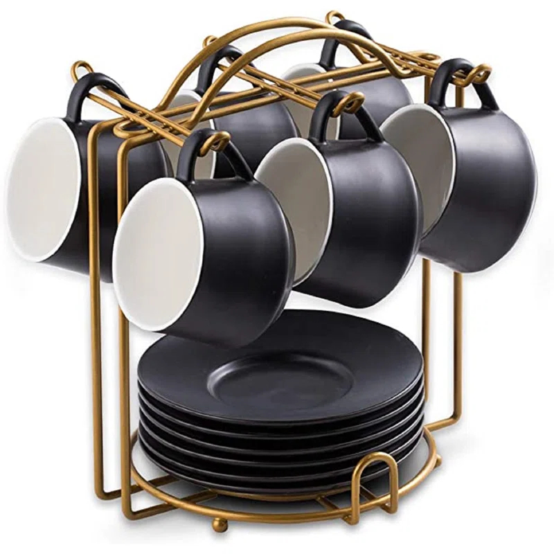 QXXSJ Coffee Cup Set Espresso Cups With Saucers Set With Cup Holder 4 Oz Espresso Cup Set Of 6 - Demitasse Cups Black (Set of 6)
