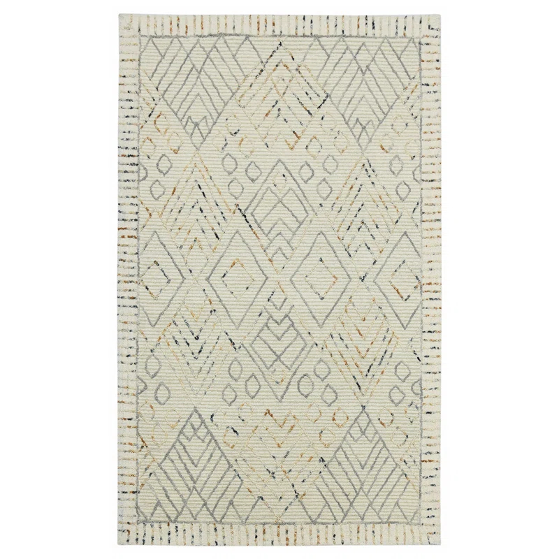 Union Rustic Ahnjayla Geometric Handmade Looped/Hooked Wool Area Rug in Ivory