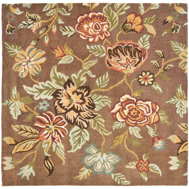 Emrick Hand Hooked Wool/Cotton/Latex Floral Rug in Brown