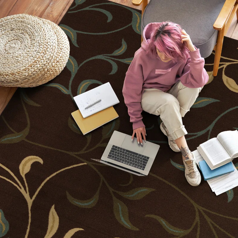 Ottohome Non-Slip Leaves Area Rug For Living Room, Hallway Runner, Entryway Rug, Brown