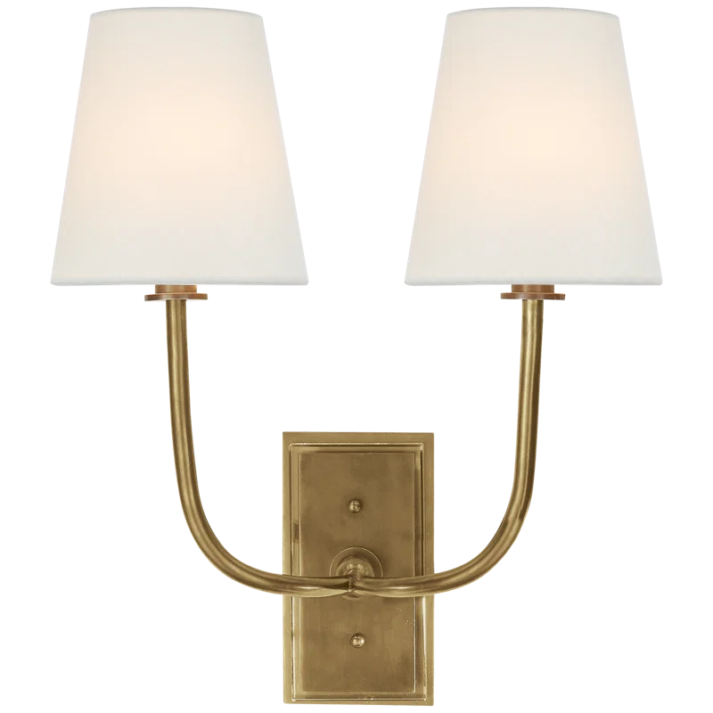 Antique Brass and Fabric Shade 2-Light Wall Sconce