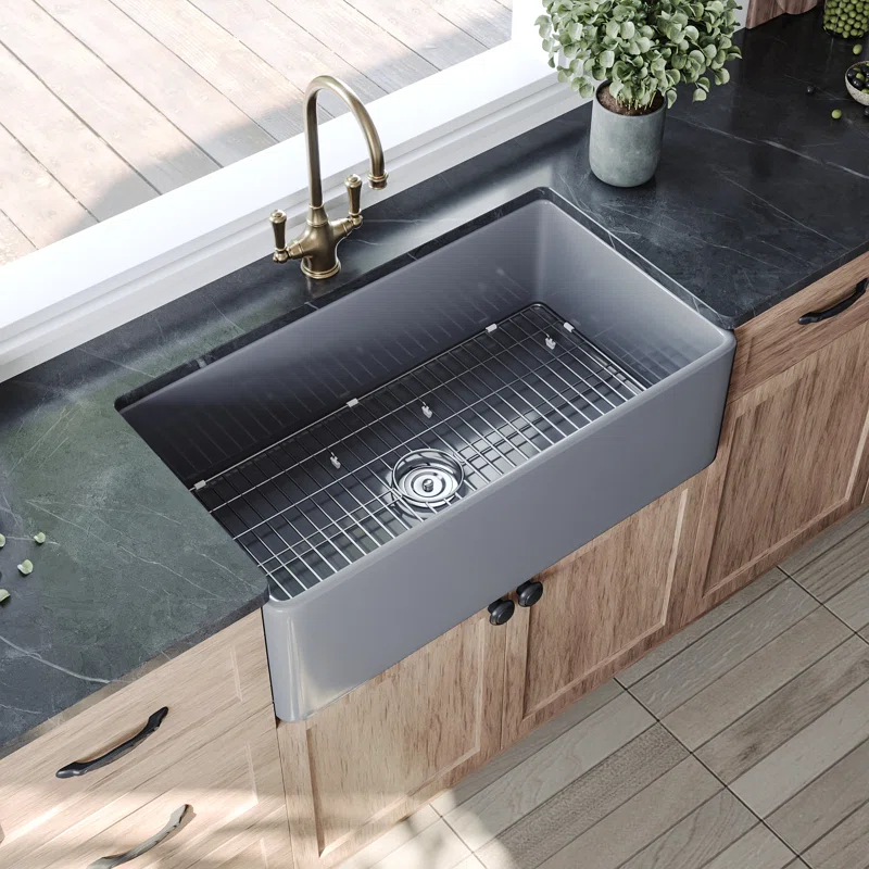 Grove 33" L X 18" W Rectangular Single Bowl Fireclay Farmhouse Kitchen Sink with Grid and Strainer