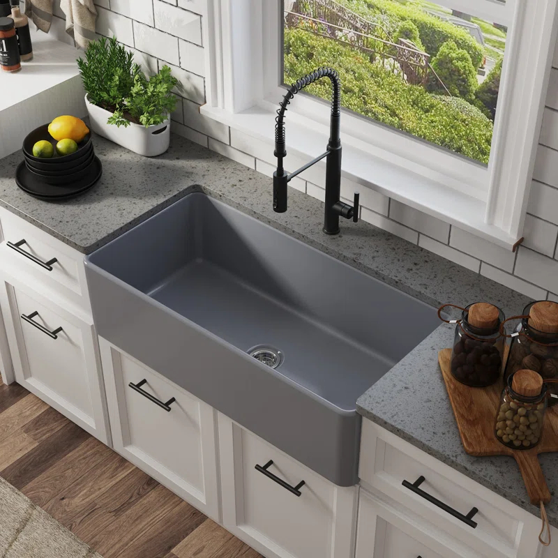 Grove 33" L X 18" W Rectangular Single Bowl Fireclay Farmhouse Kitchen Sink with Grid and Strainer