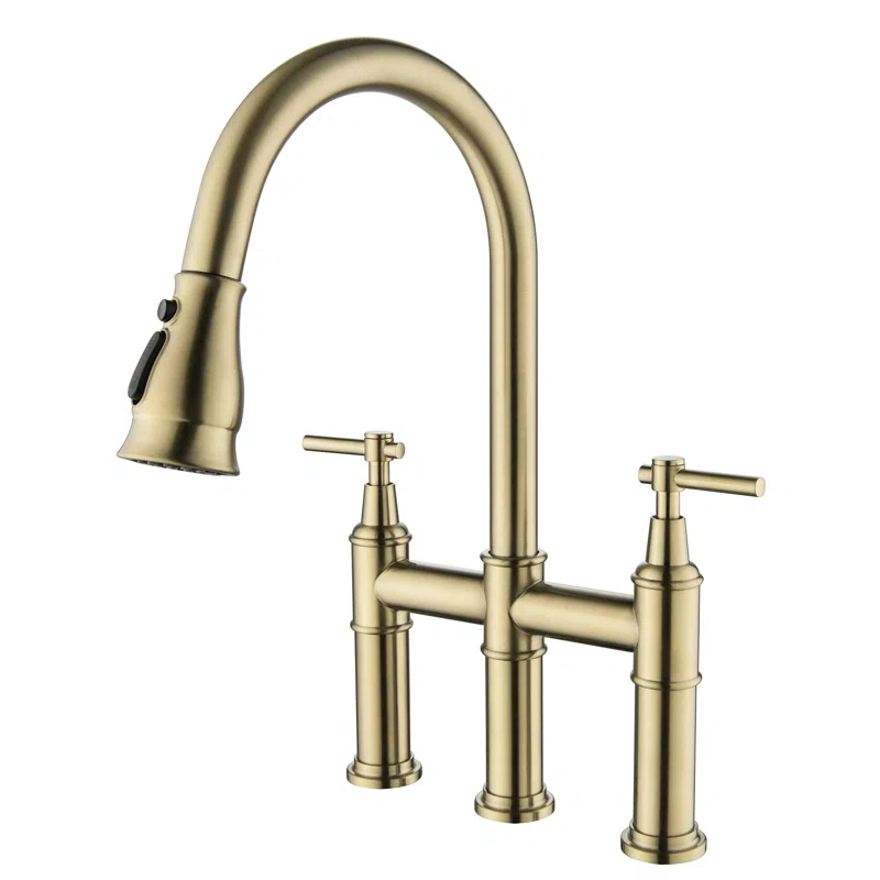 17.32" Bridge Kitchen Faucet with Pull Down Sprayer, Bridge Faucet for Kitchen Sink 3 Holes