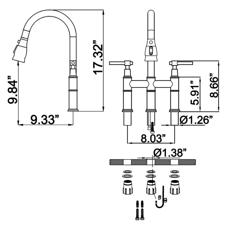 17.32" Bridge Kitchen Faucet with Pull Down Sprayer, Bridge Faucet for Kitchen Sink 3 Holes