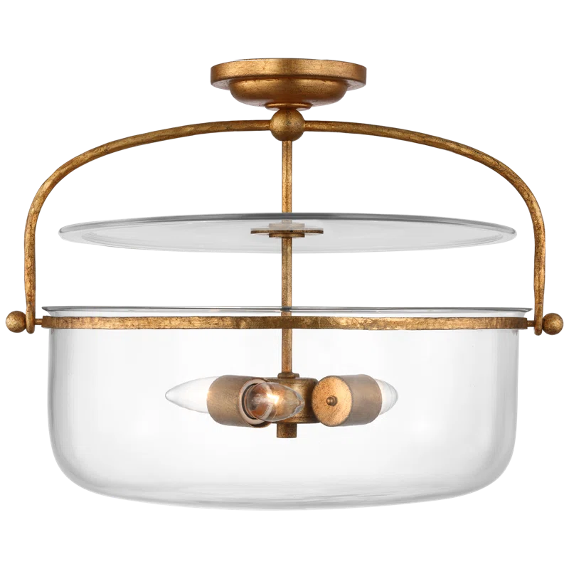Gilded Iron and Clear Glass Drum Semi-Flush Mount Light