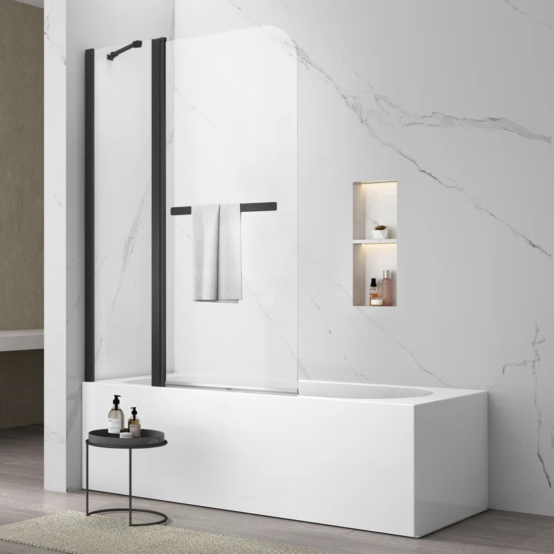 43" W x 58" H Frameless Glass Hinged Bathtub Shower Door with Clear Tempered Glass