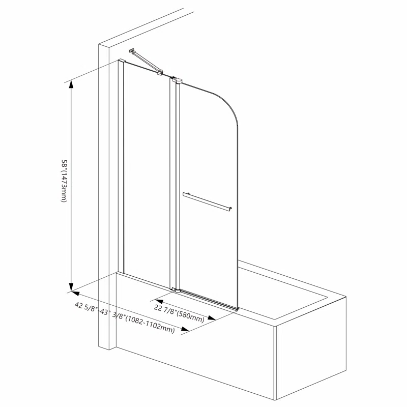 43" W x 58" H Frameless Glass Hinged Bathtub Shower Door with Clear Tempered Glass
