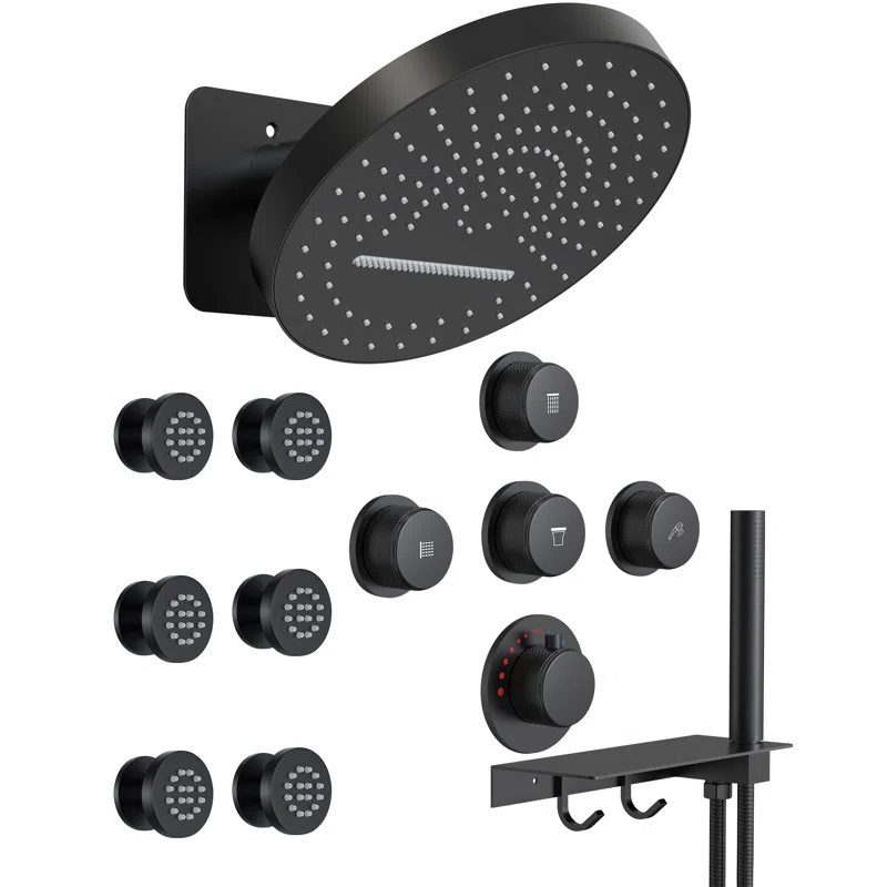 Wall Mounted Dual Thermostatic Shower Shower Faucet Set ,Waterfall & Rainfall Shower Head with Rough-In Valve