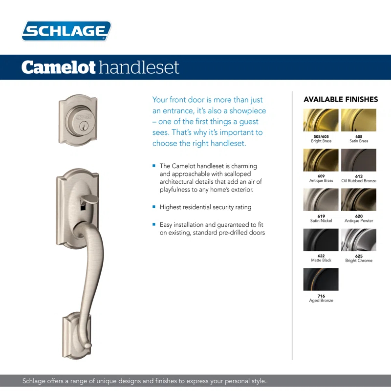 Camelot Handleset with Deadbolt and Accent Door Lever and Rosette