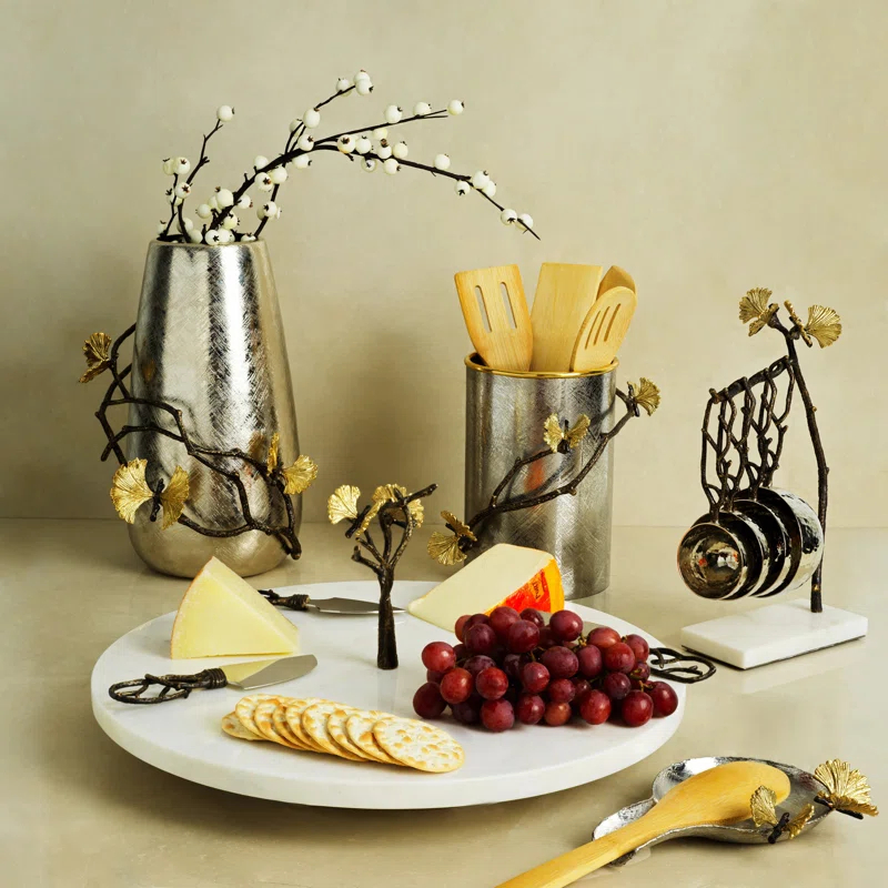 Silver and Gold Stainless Steel Utensil Holder with Brass Accents