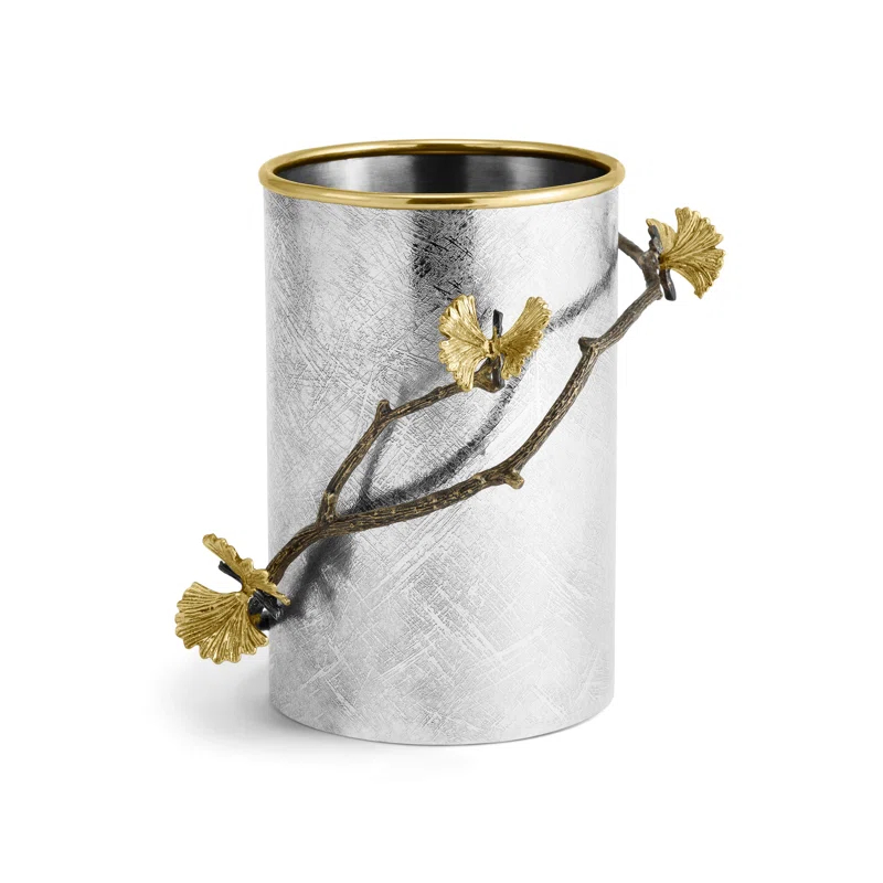 Silver and Gold Stainless Steel Utensil Holder with Brass Accents