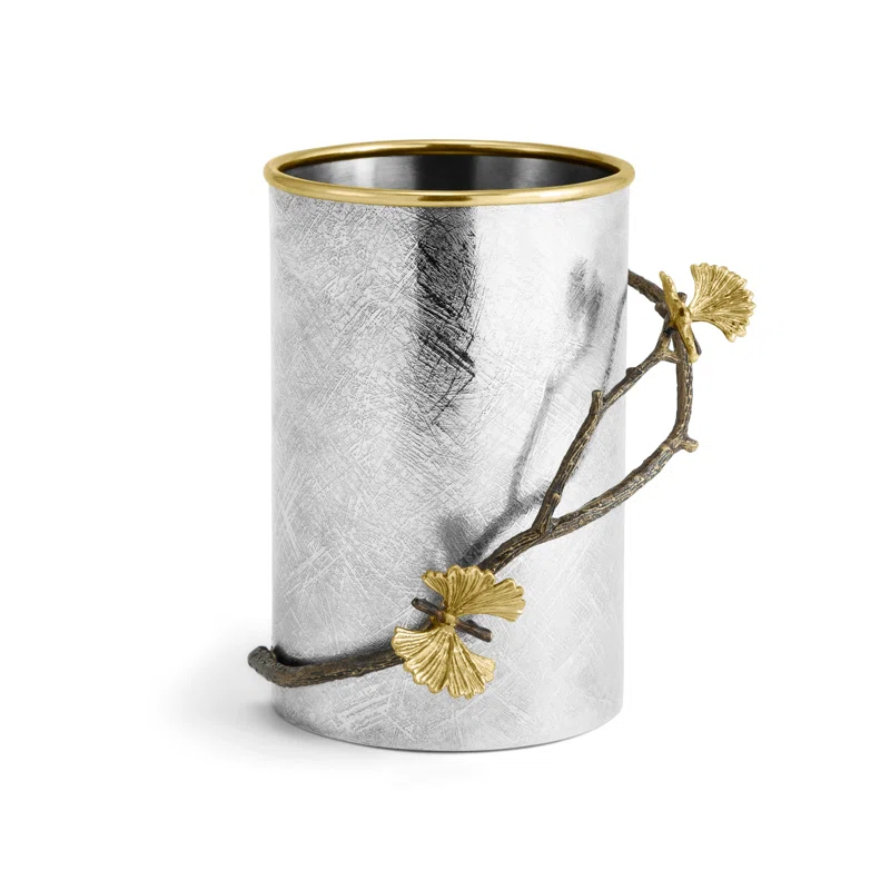 Silver and Gold Stainless Steel Utensil Holder with Brass Accents
