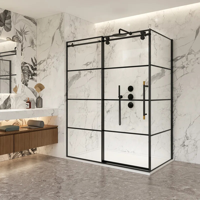 Losar 60" W x 78" H Rectangle Single Sliding Shower Enclosure in Matte Black