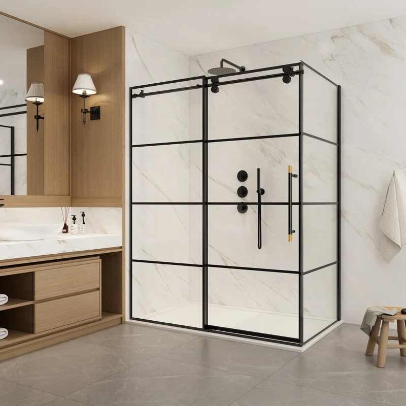 Losar 60" W x 78" H Rectangle Single Sliding Shower Enclosure in Matte Black