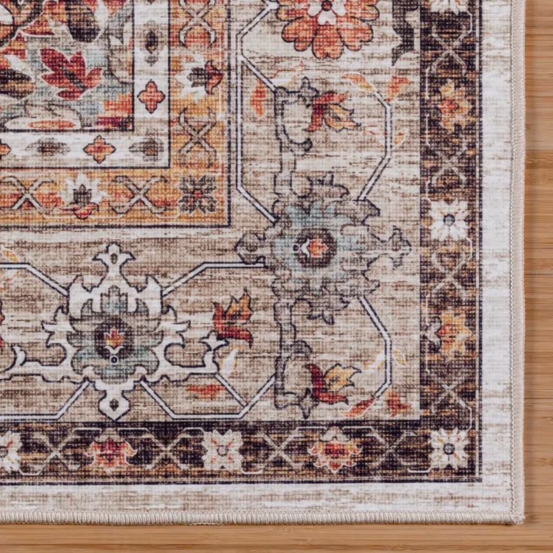 Gertmenian Crystal Print Tiefi Brown Tan Ivory Washable Flat Pile Traditional Medallion Indoor Area Rug