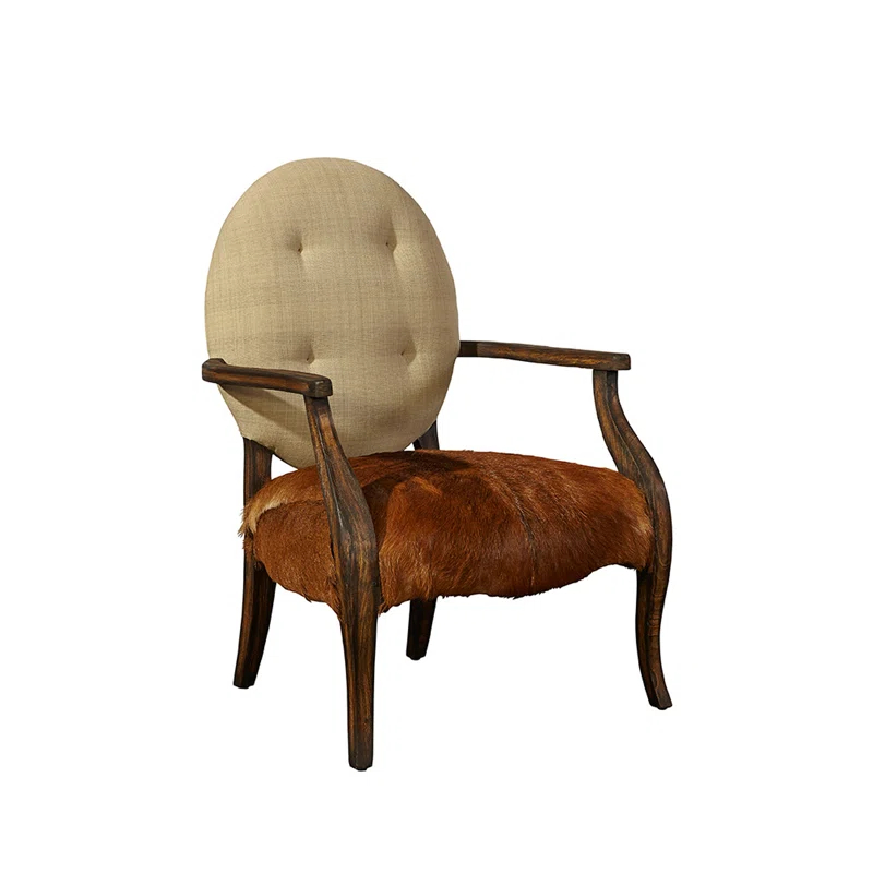 Oak Chestnut Arm Chair with Linen and Hide Upholstery