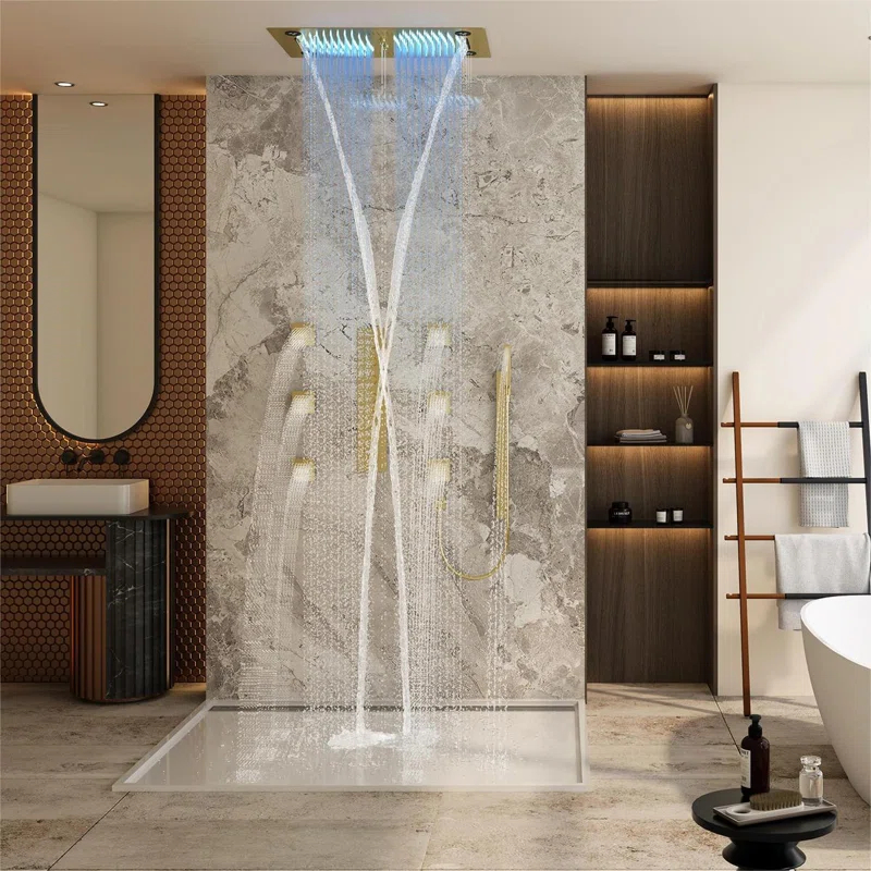 Rodeo 27.5-Inch LED&Music Rainfall Thermostatic Shower System with Slide Bar and 2-in-1 Handheld