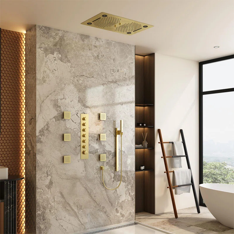 Rodeo 27.5-Inch LED&Music Rainfall Thermostatic Shower System with Slide Bar and 2-in-1 Handheld