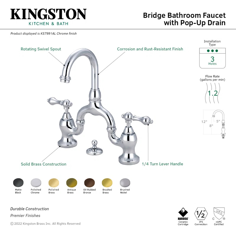 Kingston Brass English Country Two-Handle 3-Hole Deck Mount Bridge Bathroom Faucet with Brass Pop-Up