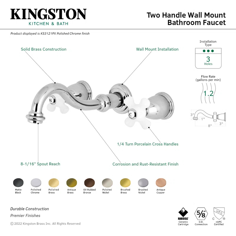 Kingston Brass Vintage Two-Handle 3-Hole Wall Mount Bathroom Faucet