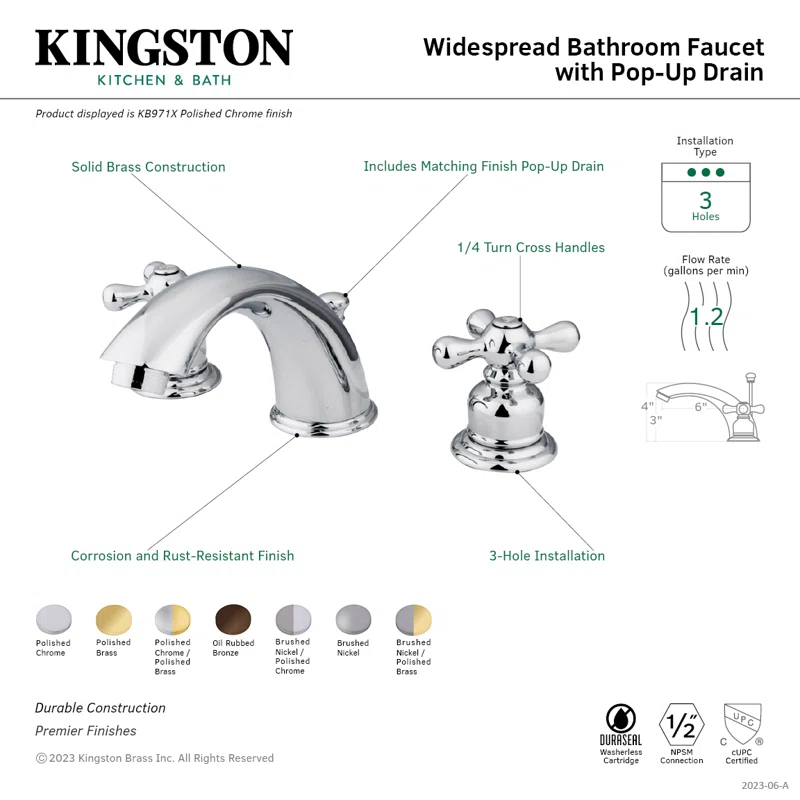 Kingston Brass Victorian Two-Handle 3-Hole Deck Mount Widespread Bathroom Faucet with Retail Pop-Up Drain