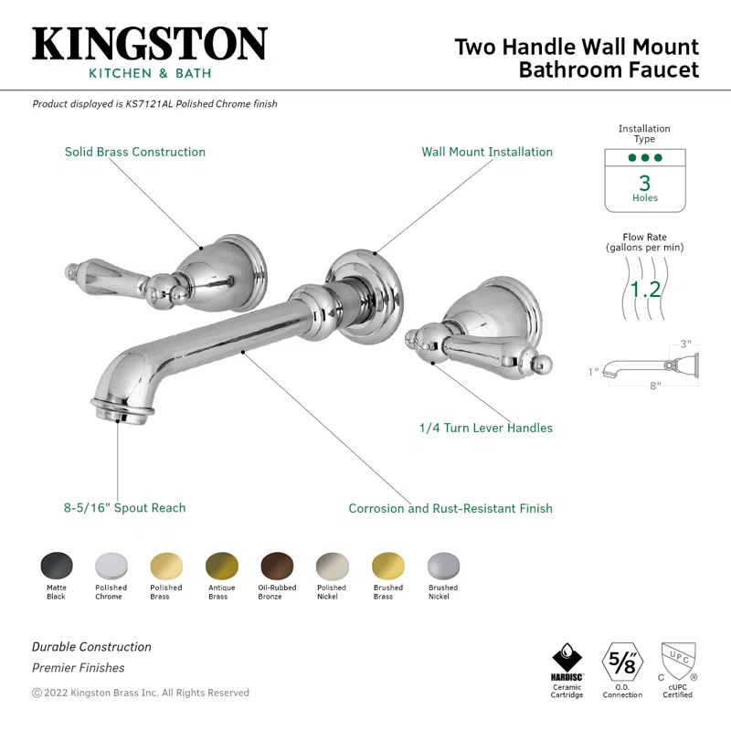 Kingston Brass English Country Two-Handle 3-Hole Wall Mount Bathroom Faucet