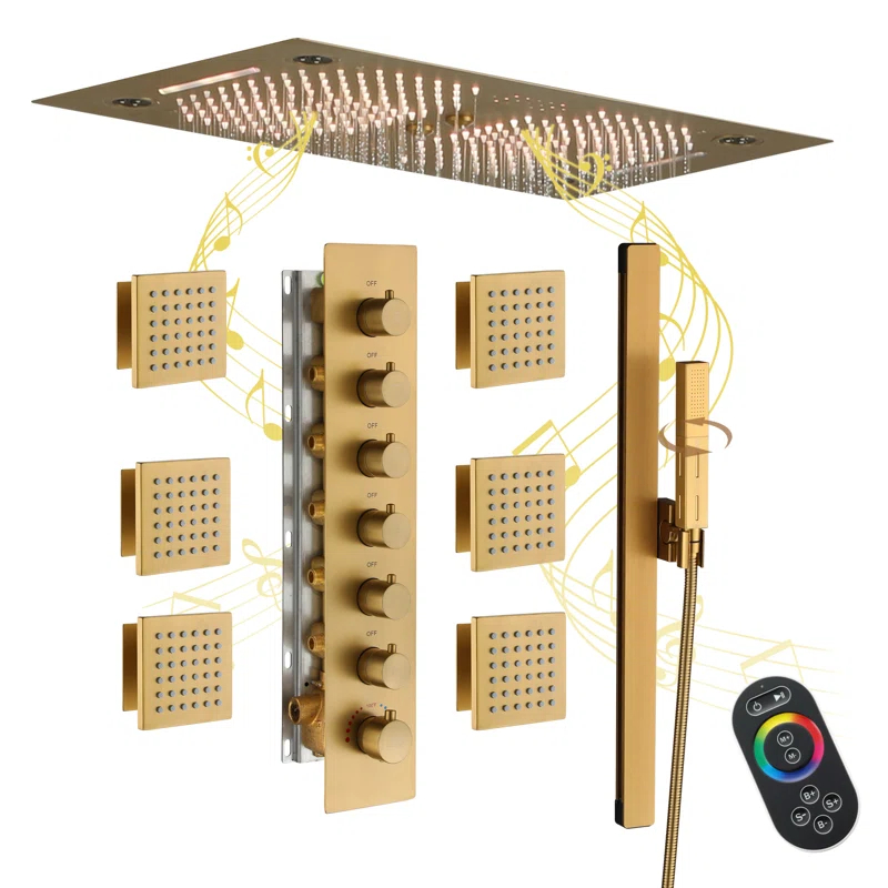 Rodeo 27.5-Inch LED&Music Rainfall Thermostatic Shower System with Slide Bar and 2-in-1 Handheld